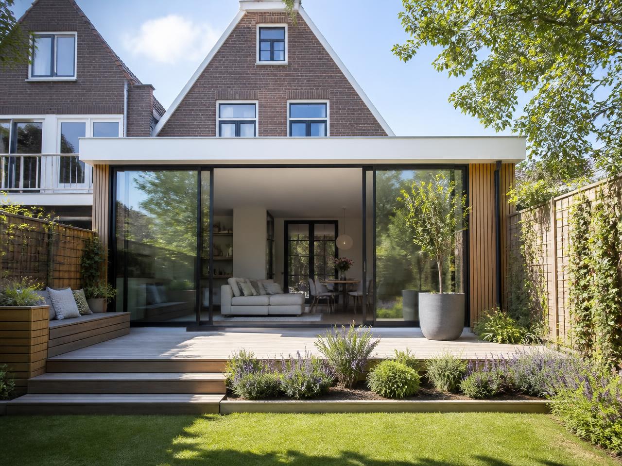 Moderne uitbouw met glazen schuifpui aan de achterzijde van een woning