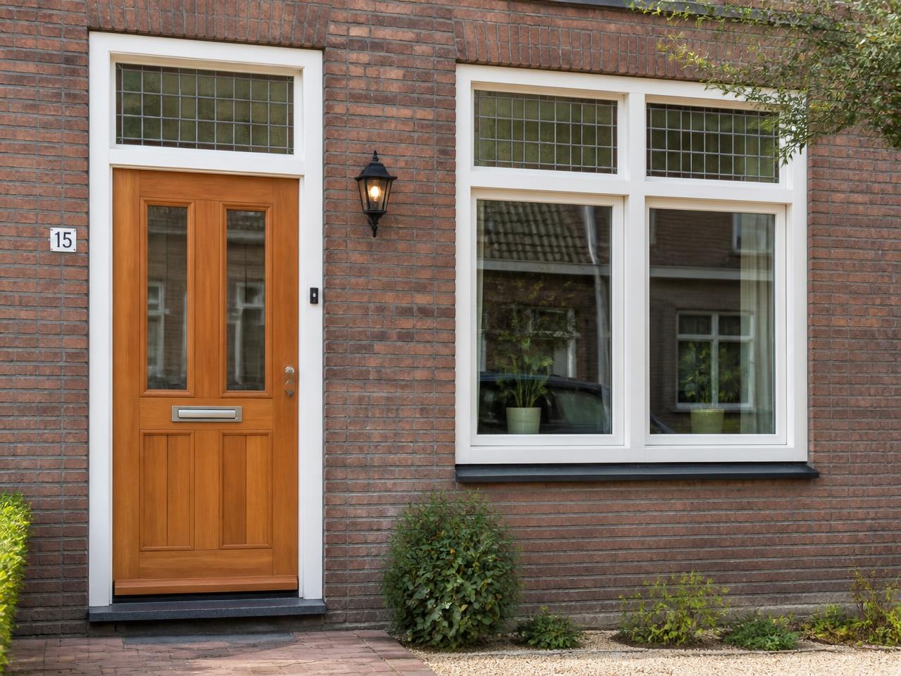 Nieuwe houten voordeur en kozijnen in een Nederlandse gevel